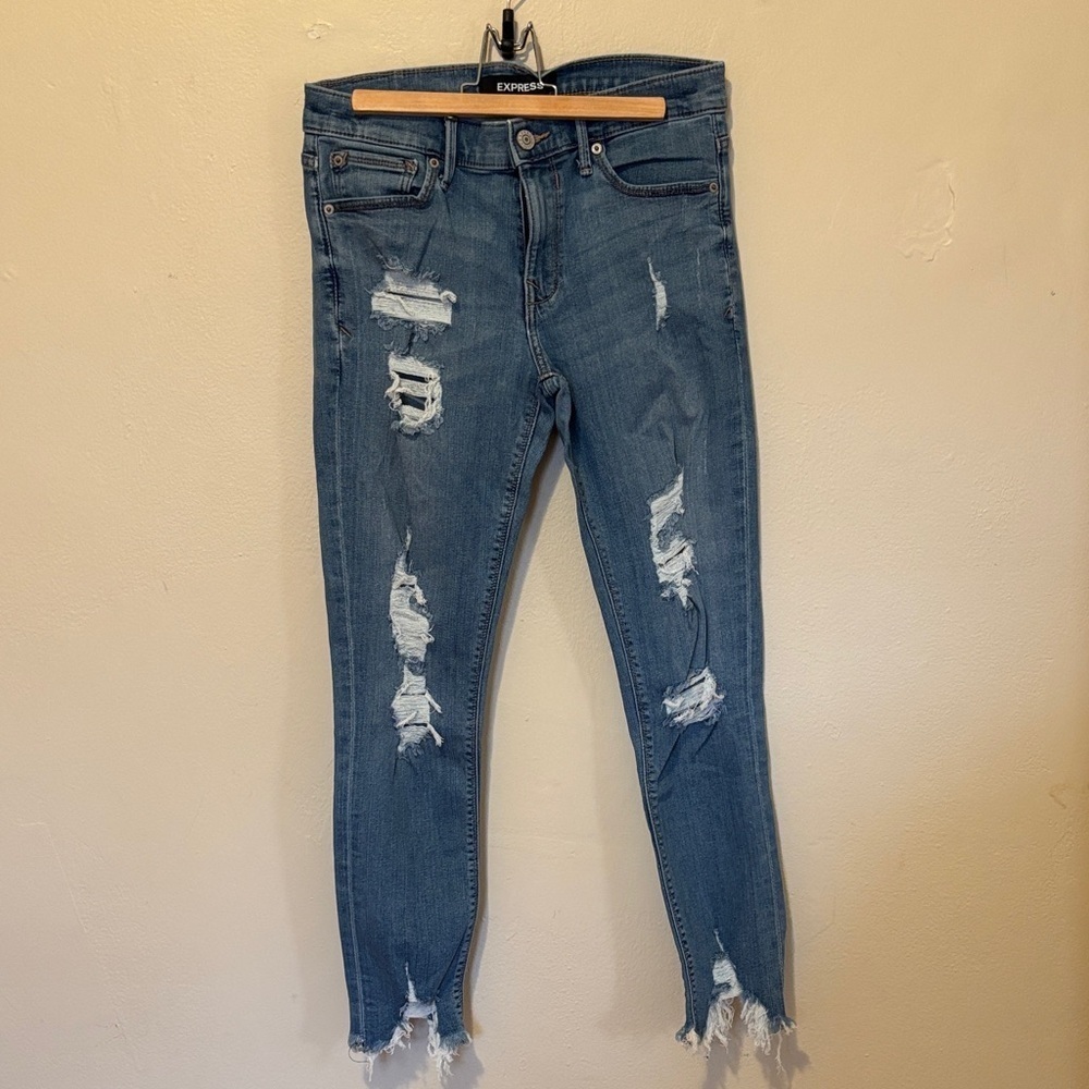 Express Women's Distressed Skinny Jeans - Light Blue
